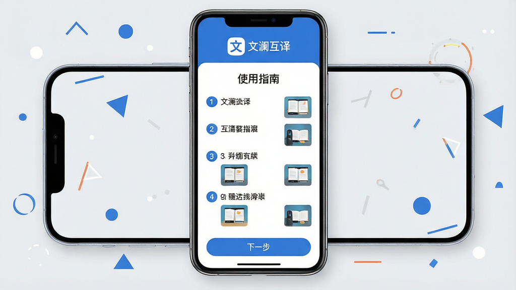 主体:一部手机横屏,屏幕上显示文澜互译的“使用指南”界面,有分步教程列表。布局:手机居中,背景为浅灰色,周围有简单的几何图形装饰。排版:界面顶部有“文澜互译”图标,下方是清晰的操作步骤,每项前面有数字圆点。风格:简约教程风格,配色以蓝色和白色为主。细节:每一步骤下方有配图缩略图,界面底部有“下一步”按钮。画质:高清,UI细节精致,干净无多余元素。