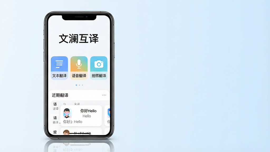 主体:一部智能手机屏幕显示文澜互译应用主界面,界面风格简洁现代,中央有醒目的“文澜互译”字样。布局:手机居中偏左,右侧留白,背景为浅蓝色渐变,暗示科技与沟通。排版:主界面显示“文本翻译”、“语音翻译”、“拍照翻译”三个主要功能按钮,下方有近期翻译历史记录。风格:扁平化设计,图标圆润,色彩明快,整体干净明亮。细节:屏幕上有中英文字样“你好Hello”的翻译对照卡片,手机下方有微弱的倒影。画质:高分辨率,细节清晰,光影柔和,干净无多余元素。
