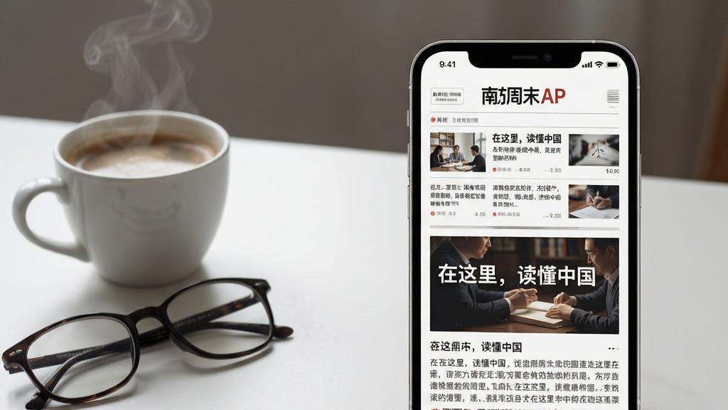 主体:南方周末APP的界面预览图,以手机竖屏形式展示,屏幕内呈现报纸排版风格的新闻列表与一篇深度报道文章标题“在这里,读懂中国”。布局:手机位于画面中央偏右,左侧留白处配有一杯冒着热气的咖啡与一副眼镜;排版:简洁现代,杂志风格构图;风格:商务、知性、文艺;细节:屏幕内容清晰可辨,光线柔和,营造出静谧的阅读氛围;画质:4K高清,干净,无多余元素。