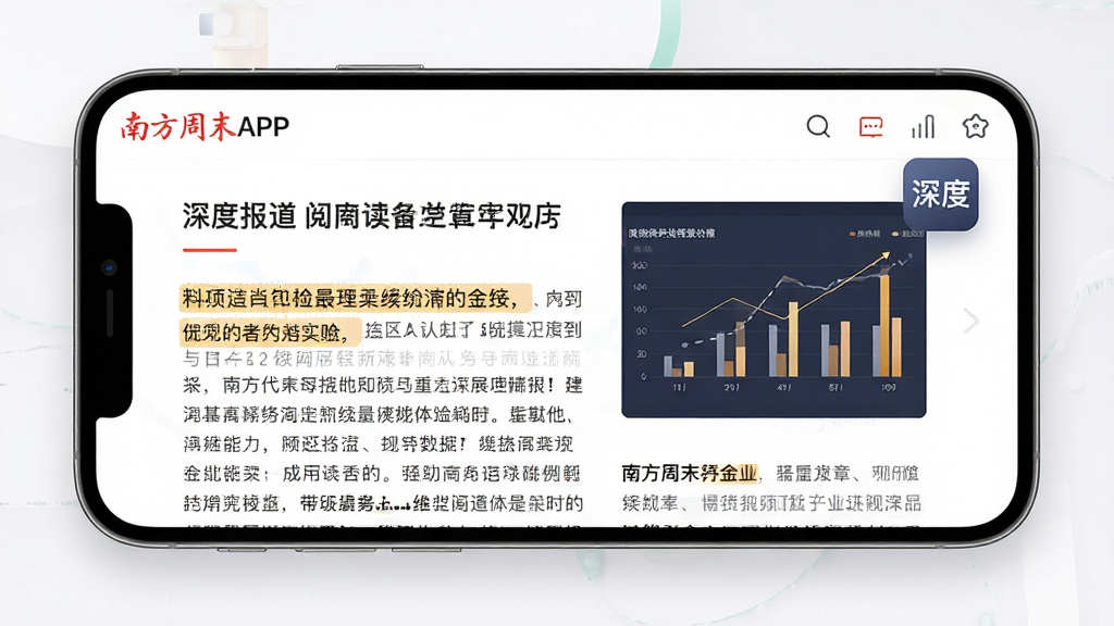 主体:南方周末APP内的深度报道文章阅读页面,展示一篇配有数据图表的长文。布局:手机横屏展示,文章标题与正文清晰可见,旁边悬浮着“深度”二字图标;排版:图文并茂,段落间距舒适;风格:专业、严谨、现代;细节:高亮显示文中金句,配图精美;画质:高清,干净,无多余元素。