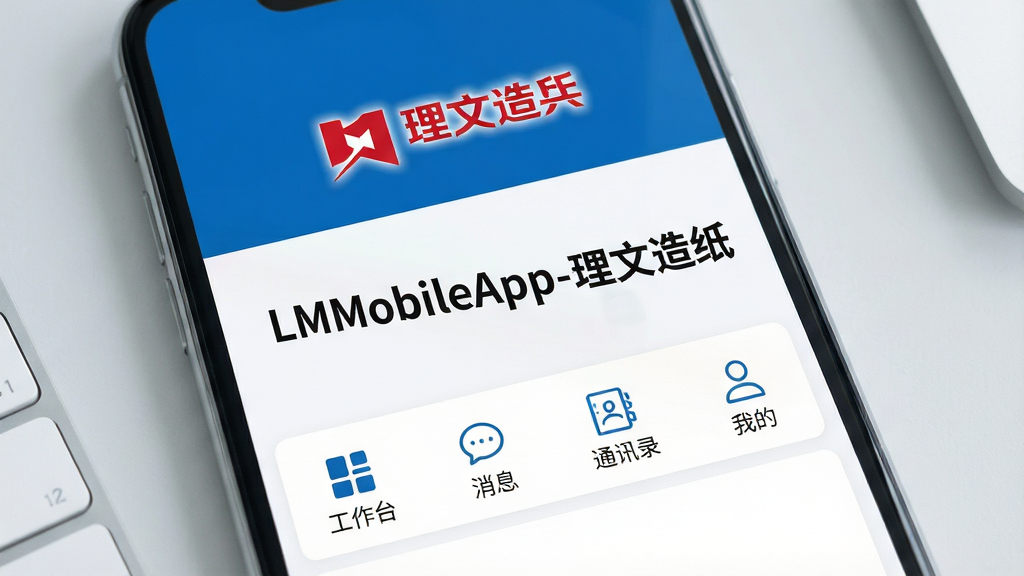 一张智能手机屏幕特写,屏幕正中间清晰显示“LMobileApp-理文造纸”APP界面,整体界面以蓝白企业色为主,上方是理文造纸的红色LOGO,下方排列着“工作台”、“消息”、“通讯录”、“我的”四个功能标签,界面简洁现代,背景为干净的浅灰色办公桌面,画面明亮,画质高清,构图居中,突出APP名称与界面布局,无多余元素