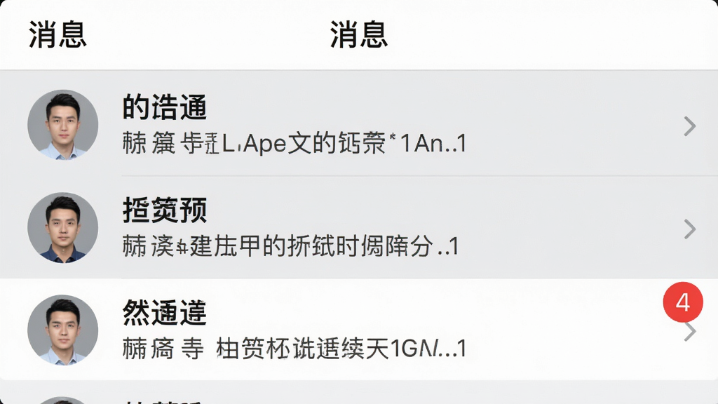 LMobileApp-理文造纸APP的消息通知界面截图,画面上方是“消息”标题栏,下方是几条聊天列表,每条消息显示有联系人头像、姓名和最后一条消息摘要,其中一条消息旁有红色的数字角标,界面风格简洁清晰,背景为浅灰色,突出消息列表的层次感,画质高清,无多余元素