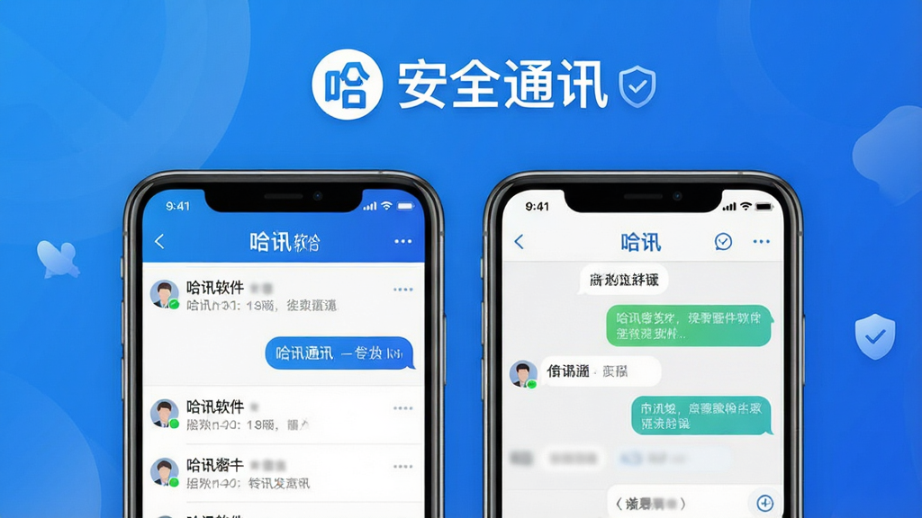 一张展示哈讯软件整体界面的高清宣传图,主体为手机屏幕中的对话列表和聊天窗口,布局清晰,上方有哈讯logo和“安全通讯”字样,背景采用蓝色渐变色调,整体风格现代简约,画质干净,无多余元素