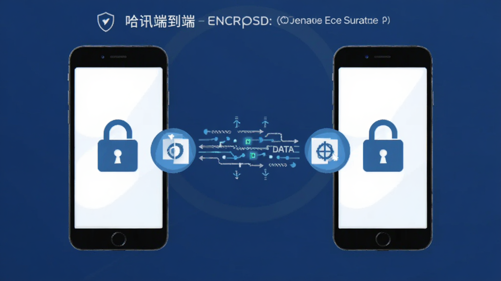 一张展示哈讯端到端加密功能的示意图,主体为两部手机之间通过锁形图标连接,中间有加密数据流线条,背景深蓝色,布局对称,画质清晰,无多余元素