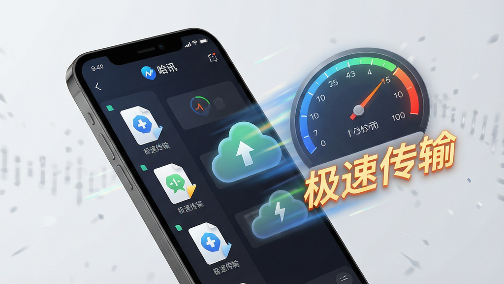 一张展示哈讯极速文件传输功能的动态场景图,主体为手机界面中多个文件正在快速上传,带有速度仪表盘和“极速传输”字样,背景浅灰色,布局动感,画质干净