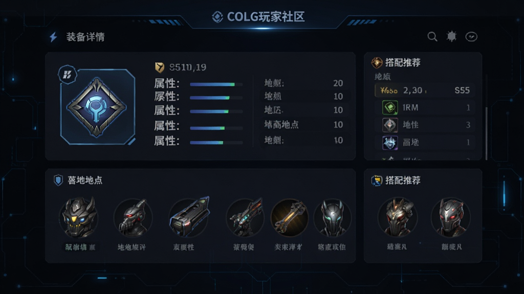 COLG玩家社区游戏数据库功能展示图,画面显示装备详情页,包含装备图标、属性数值、掉落地点、搭配推荐等模块,界面采用卡片式布局,数据清晰易读,背景为深色科技感风格,画质干净,无多余元素