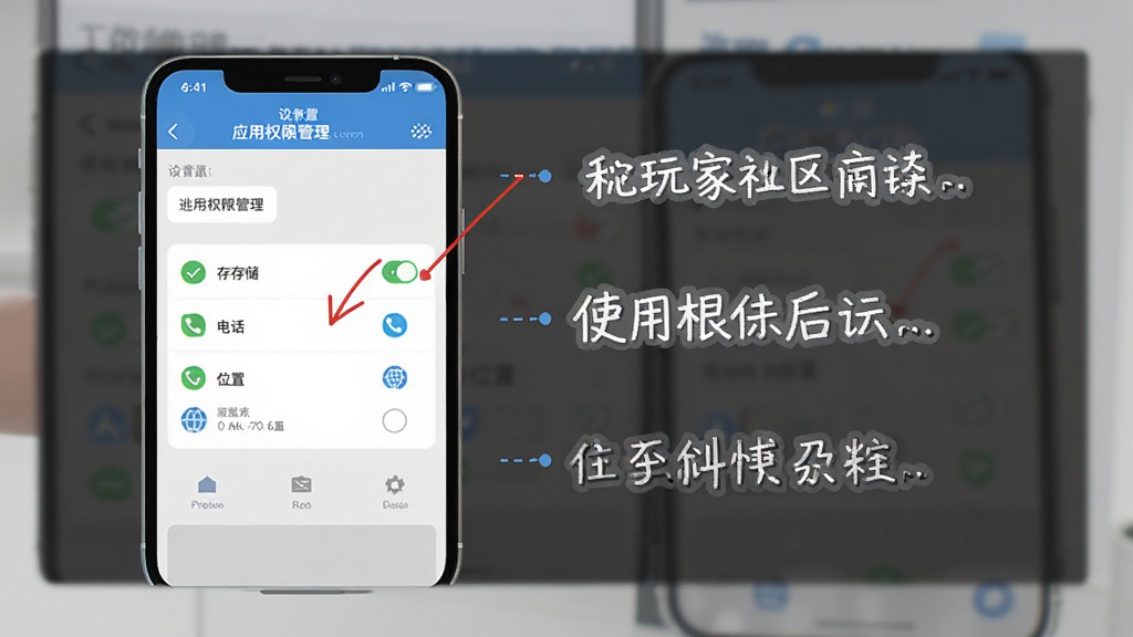 COLG玩家社区使用帮助示意图,展示手机设置中应用权限管理界面,勾选存储、电话、位置等选项,旁边有文字说明,风格为简洁扁平化,画质干净,无多余元素