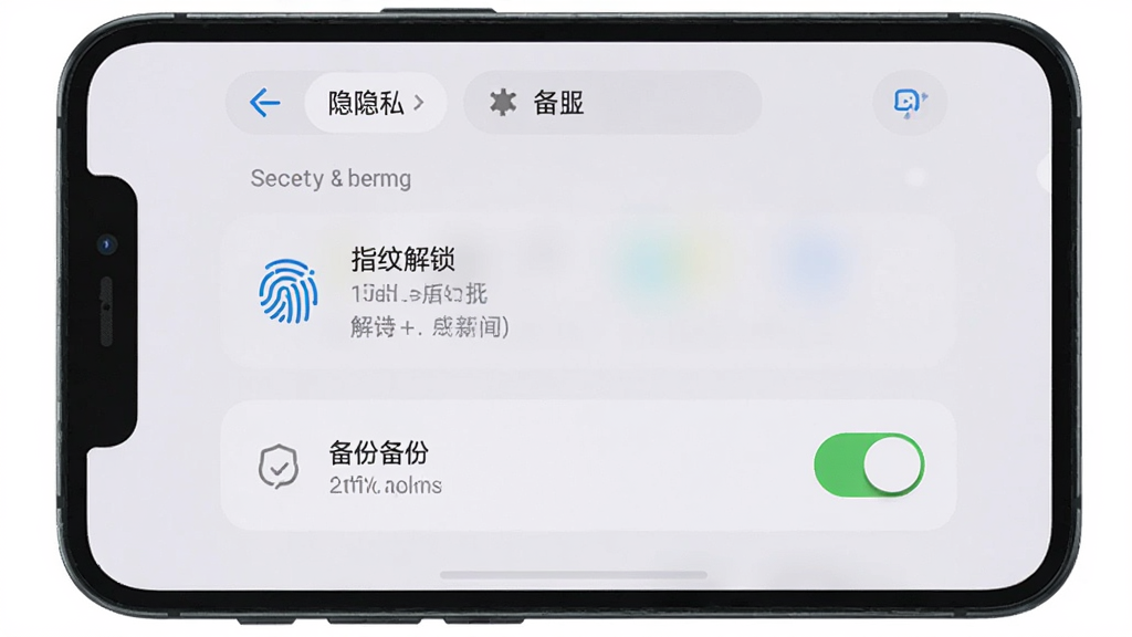 Seelink手机端设置界面截图, 展示安全与隐私选项菜单, 包含指纹解锁与备份开关, 界面简洁清晰, 模拟真实手机屏幕, 浅色背景, 排版规整, 高画质, 干净无多余元素