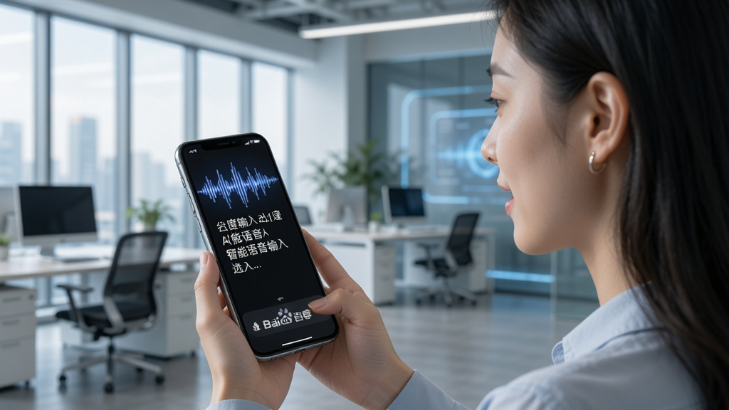 展示百度输入法AI智能语音输入功能,画面主体为一位用户对着手机说话,手机屏幕显示语音波形和快速识别出的文字,背景为现代办公场景,布局清晰,风格科技感,细节丰富,画质干净,无多余元素。