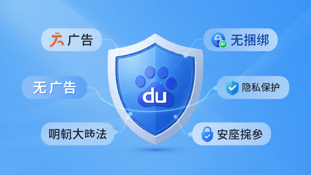 展示百度输入法安全纯净无打扰特性,画面主体为一个盾牌图标,周围环绕着无广告、无捆绑、隐私保护等字样,背景为干净的蓝色渐变,布局简洁,风格安全可靠,细节清晰,画质干净,无多余元素。