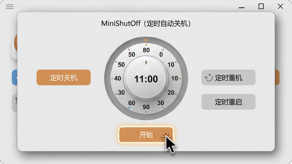 ���壺MiniShutOff����ʱ�Զ��ػ���������������д������������һ��ʱ������ת�̺ͼ������ܰ�ť�����֣�������У�����Ϊǳ��ɫ����������͵���Ӱ���Ű棺ʱ��ת����������������ť���С���ʱ�ػ���������ʱ�����������ı�ǩ�����дʵ���ƽ��ϣ�ɫ����ů��ϸ�ڣ����ָ��ͣ���ڡ���ʼ����ť�ϣ���ť������ʾ�����ʣ�ϸ�壬�ɾ����޶���Ԫ�ء�