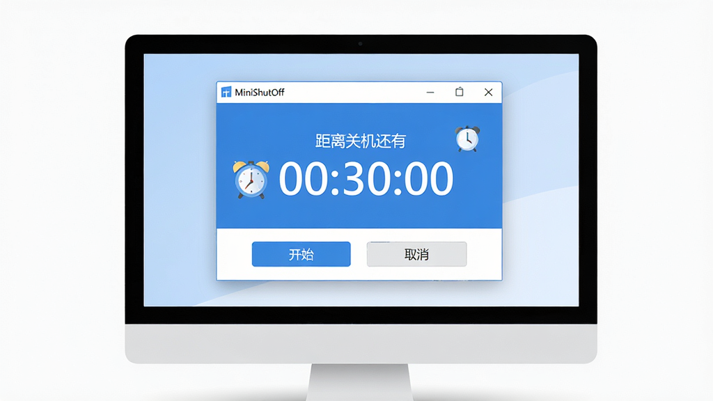 ���壺һ����������ĵ������棬��Ļ����ʾMiniShutOff����ʱ�Զ��ػ����������棬�����������ĵ���ʱ���ֺͼ������ܰ�ť�����֣�������Ļռ�ݻ������룬��Χ���ף��·�����͵Ĺ�Ӱ���Ű棺����Ԫ���������룬��ť���С���ʼ������ȡ��������������񣺱�ƽ�����ɫ��������Ϊ����������졣ϸ�ڣ�����������ʾ������ػ����� 00:30:00����ͼ��Ϊһ��С���ӡ����ʣ����壬�ɾ����޶���Ԫ�ء�
