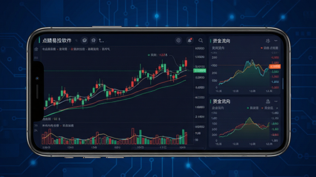 点睛易投软件主界面展示,手机屏幕中显示股票K线图与资金流向数据,背景为深蓝色金融科技风格,界面布局清晰,图表线条流畅,色彩以红绿为主,画质高清,干净无多余元素