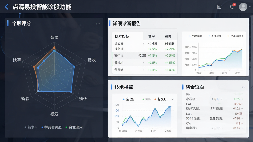 点睛易投智能诊股功能截图,展示个股评分雷达图与详细诊断报告,页面包含财务数据、技术指标、资金流向等模块,设计风格专业清晰,数据可视化图表丰富,画质高清,干净无多余元素