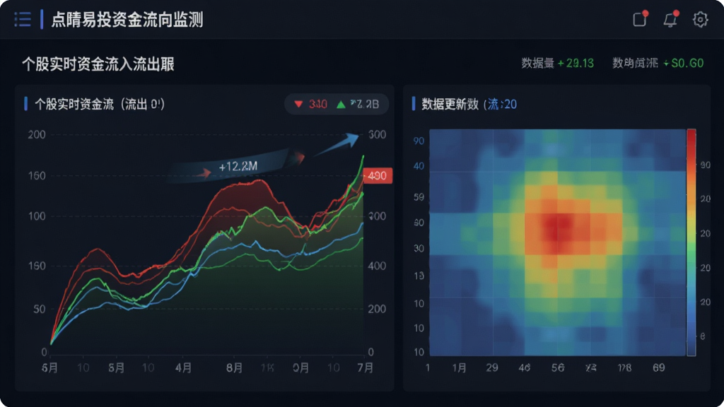 点睛易投资金流向监测页面,展示个股实时资金流入流出数据,包含动态曲线图与热力图,红绿色资金流线清晰,界面带有数据更新动画,金融风格,画质高清,干净无多余元素