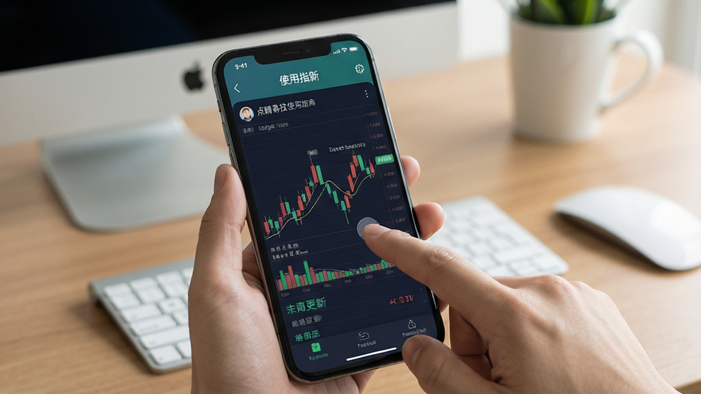 点睛易投使用指南示意,手机操作软件界面,手指点击K线图,屏幕显示数据更新,背景为工作桌面,风格写实,画质高清,干净无多余元素