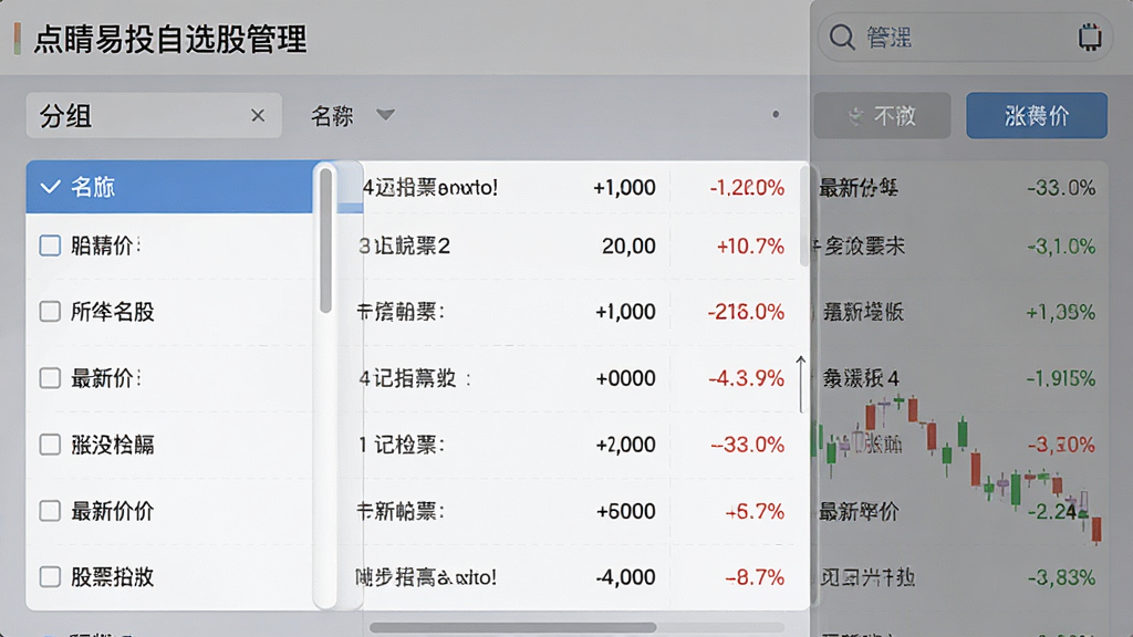 点睛易投自选股管理页面,显示分组列表与股票行情数据,股票名称、最新价、涨跌幅等字段清晰,界面风格简洁,支持滑动操作,画质高清,干净无多余元素