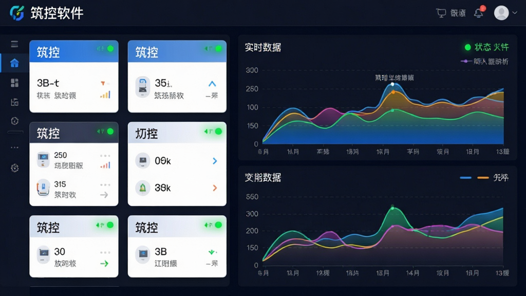 主体:筑控软件实时监控界面,显示多个设备卡片和实时数据曲线。布局:左侧设备列表,右侧数据图表。排版:信息层级分明,数据清晰易读。风格:现代化数据可视化风格。细节:卡片上有“筑控”字样,曲线图颜色鲜艳,状态指示灯绿色。画质:高清晰度、干净、无多余元素。