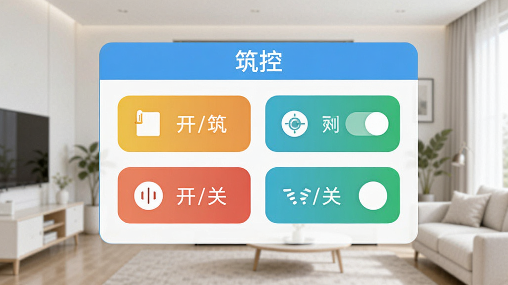 主体:筑控软件远程控制面板,展示灯光、空调等设备开关按钮。布局:控制面板居中,背景为简约室内环境。排版:按钮大而醒目,易于操作。风格:扁平化、清新。细节:按钮上有“开/关”状态,界面顶端有“筑控”字样。画质:干净、明亮、无多余元素。