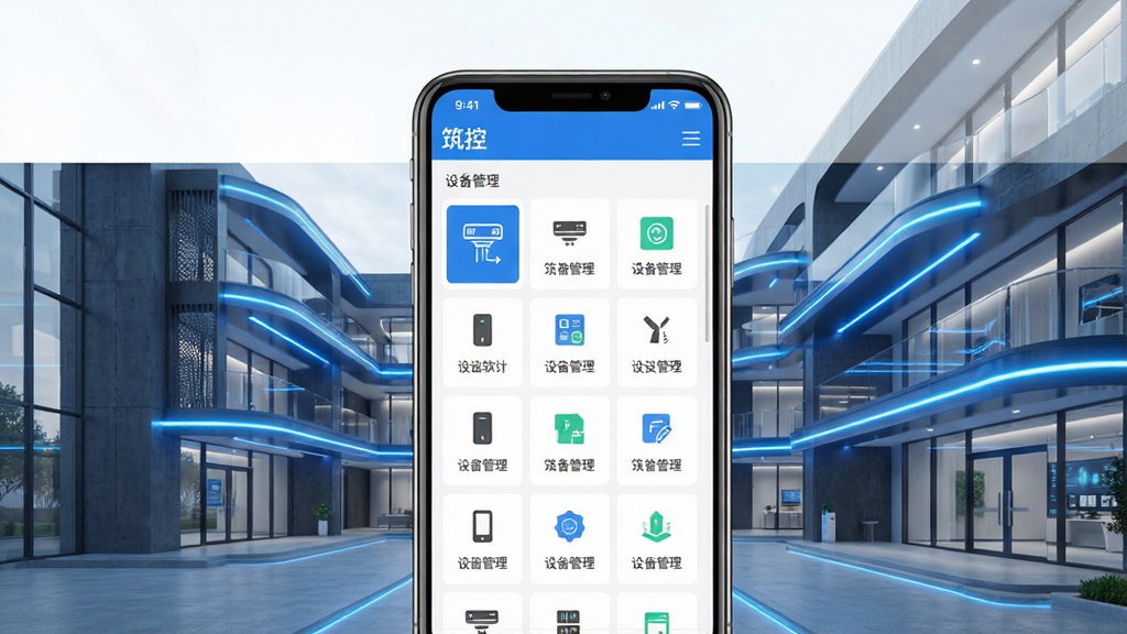 主体:筑控软件界面展示,以现代智能楼宇为背景,前景是手机屏幕显示设备管理列表。布局:手机居中,楼宇全景作为背景,上下留白。排版:简洁大气,突出软件界面。风格:科技感、专业、明亮。细节:屏幕上有“筑控”字样,设备图标清晰,背景楼宇带有蓝色光效。画质:高清、干净、无多余元素。