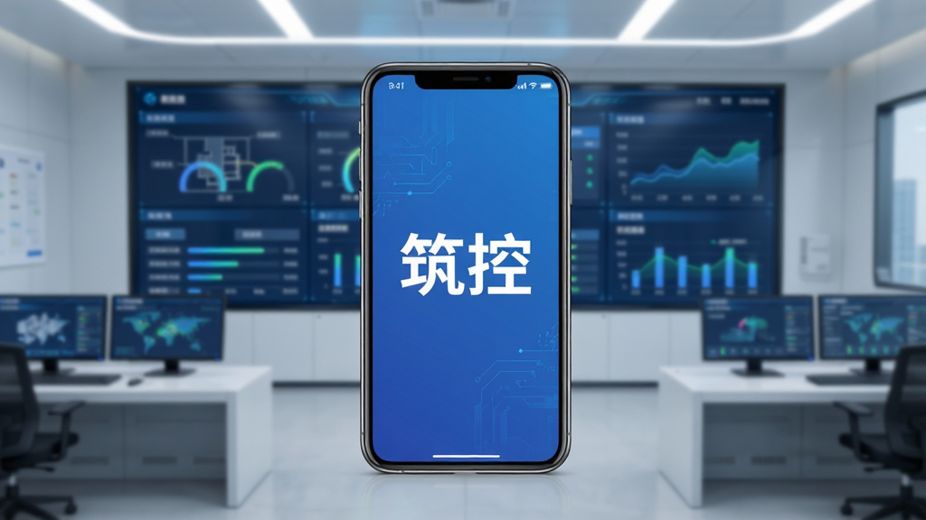 主体:手机展示筑控应用使用场景,背景为智能楼宇控制室。布局:手机居中,控制室大屏幕显示楼宇数据。排版:和谐统一。风格:科技感、专业。细节:手机屏幕上有“筑控”字样,控制室有多个屏幕。画质:高清、干净。