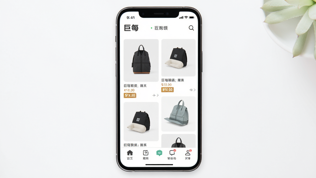 巨每购物应用主视觉图,主体为智能手机屏幕展示巨每APP界面,布局清晰展示商品瀑布流与底部功能栏,排版现代简洁,风格明亮清新,细节包含商品图片与价格标签,画质高清,干净无多余元素