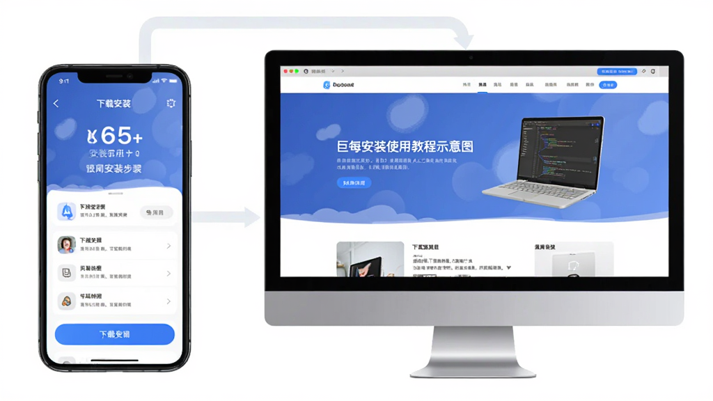 巨每安装使用教程示意图,主体为一部手机和电脑,布局展示手机端应用界面与电脑端网页,排版直观,风格简洁现代,细节突出下载安装步骤,画质清晰,干净无多余元素