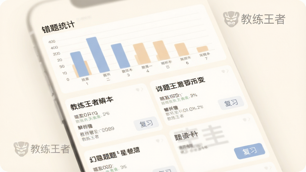 教练王者APP错题本界面,顶部为“错题统计”条形图,下方为错题卡片列表,卡片上显示题目与解析,背景为暖白色,布局简洁,风格清新,细节包含“教练王者”水印与“复习”按钮,画质细腻,干净无多余元素