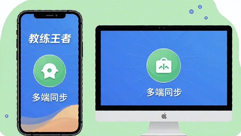 教练王者APP使用指南插图,画面为一部手机和一台电脑,屏幕中显示同步图标,背景为浅绿色,布局均衡,风格插画,细节包含“教练王者”字样与“多端同步”文字,画质干净,无多余元素