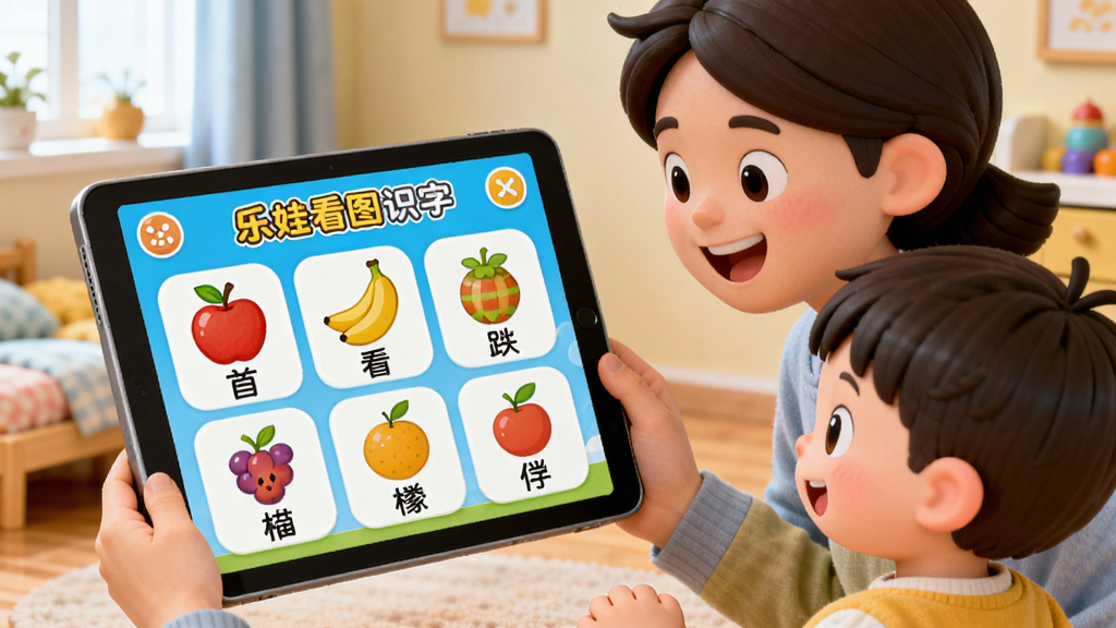 一幅温馨的儿童房场景,一位家长正微笑着用平板电脑教孩子识字,平板屏幕上显示着色彩鲜艳的