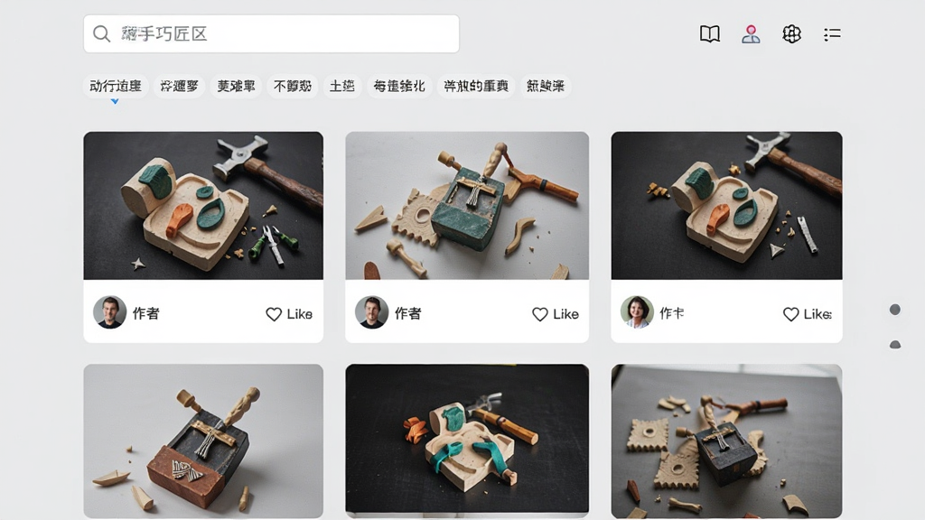一张展示动手巧匠社区页面的图片,顶部有搜索框和话题标签,下方是瀑布流形式的作品卡片,每张卡片包含作品图、作者头像和点赞数,背景为浅灰色,风格时尚,排版美观,画质清晰