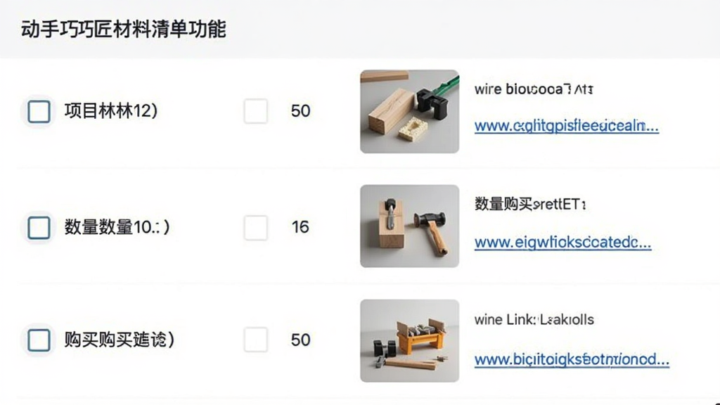 一张展示动手巧匠材料清单功能的截图,界面列出项目所需的材料名称、数量、图片和购买链接,每个项目前有复选框,背景为简洁的纯色,风格清新,排版整齐,画质干净