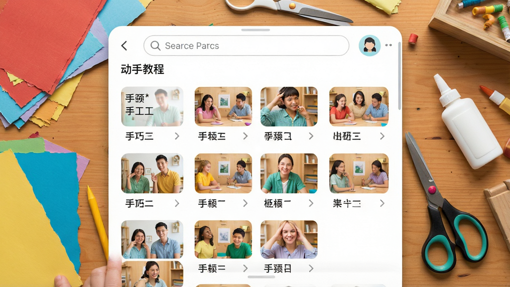 一张展示动手巧匠应用主界面的高清截图,界面包含分类清晰的手工教程列表、搜索栏和用户头像,背景为温暖的木工桌,摆放着彩纸、剪刀、胶水等手工工具,整体风格明亮清新,界面排版整洁,画质清晰,干净无多余元素