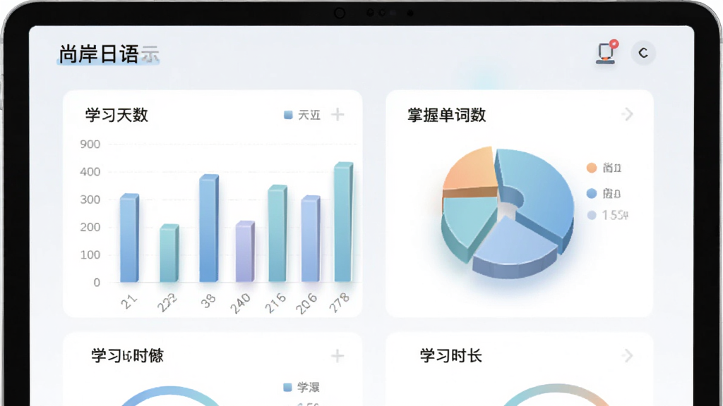 展示“尚岸日语”学习报告页面的示意图,界面包含柱状图、饼图等数据图表,显示学习天数、掌握单词数、学习时长等指标,整体色调淡雅,图表立体感强,风格现代,画质干净,无多余元素
