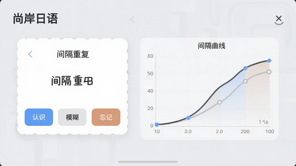 展示“尚岸日语”智能记忆功能的界面预览图,屏幕左侧为单词卡片,右侧显示记忆曲线图,卡片上有“认识”、“模糊”、“忘记”三个按钮,背景为浅灰色,界面清晰,文字标注“间隔重复”,风格简洁,画质干净,无多余元素