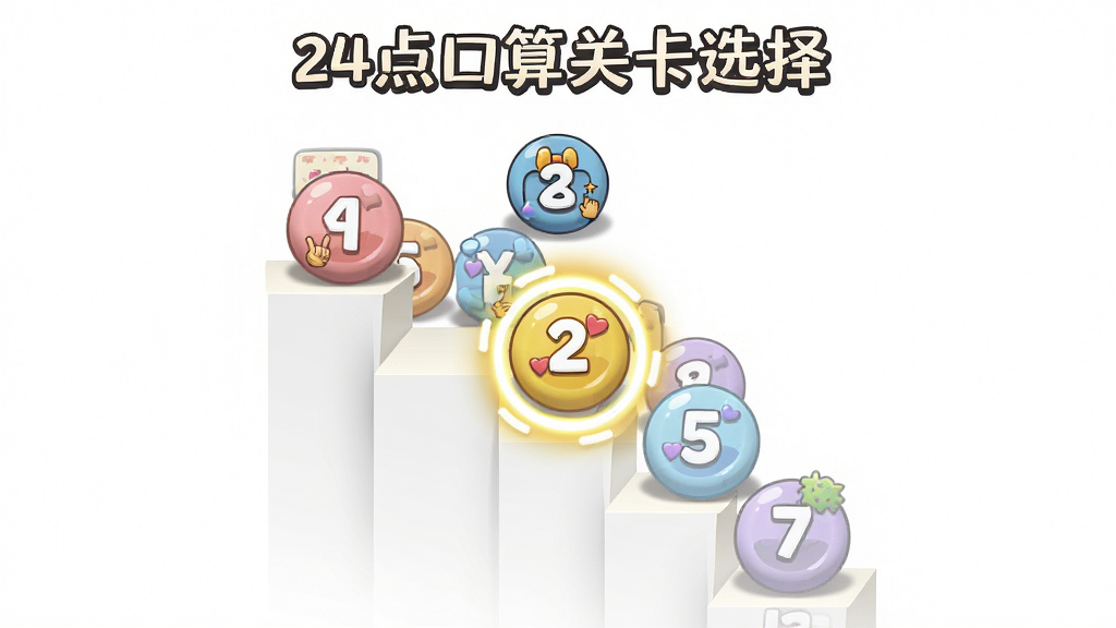 24点口算关卡选择界面,主体为阶梯式难度关卡列表,每个关卡以彩色圆形图标呈现,标注着数字编号。布局为纵向滚动排列,背景为纯白色,风格为简洁的卡通风格,图标带有柔和阴影。细节上,当前选中关卡有高亮光圈特效,画质清晰,色彩明快,无多余装饰元素。