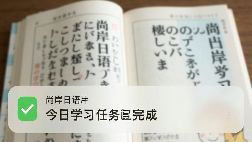 一张展示“尚岸日语”学习提醒功能的截图,手机通知栏显示“今日学习任务已完成”的提示,背景为模糊的日语教材,通知样式简洁,风格真实,画质干净,无多余元素
