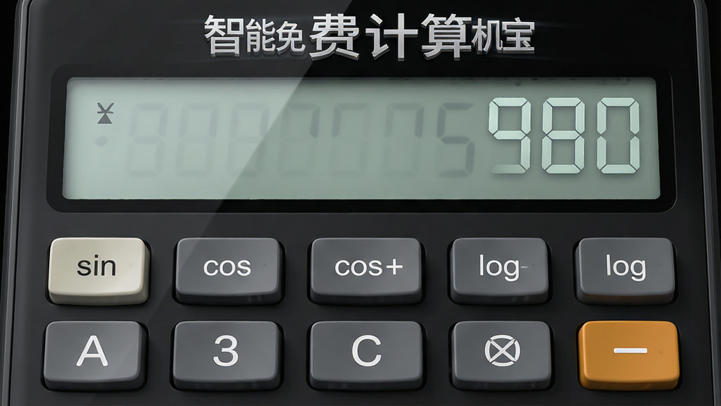 主体:智能免费计算机宝的科学计算器界面特写,界面上显示sin、cos、log等函数按键,以及一个清晰的结果显示区域,屏幕上方有“智能免费计算机宝”名称。布局:计算器界面占满整个屏幕,按键排列整齐。排版:上下结构,上方为显示区,下方为按键区。风格:写实风格,按键有立体感和按动效果。细节:字体清晰,按键上文字标注准确,背景为深色。画质:高清,细腻,无多余元素。