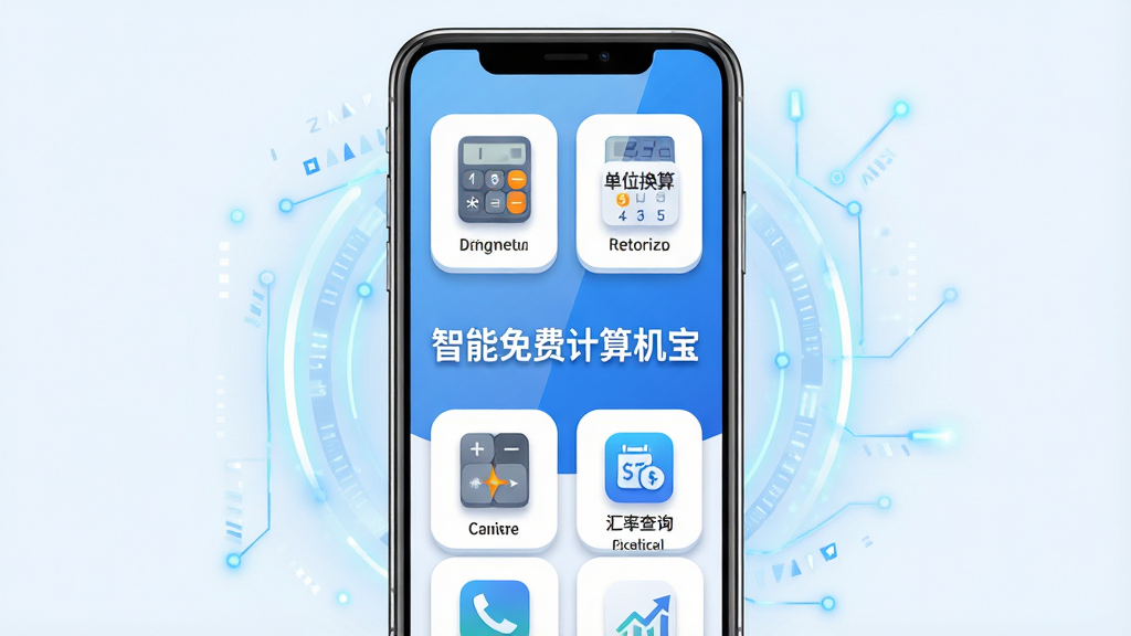 主体:智能手机屏幕展示智能免费计算机宝的界面,界面包含科学计算器、单位换算、汇率查询等模块图标,中间有“智能免费计算机宝”字样。布局:手机居中,屏幕内容清晰可见,周围有简洁的科技感光效。排版:手机竖向摆放,界面图标整齐排列。风格:现代扁平化,色彩明快,以蓝色和白色为主色调。细节:图标精致,有阴影和圆角,屏幕反光自然。画质:高清,干净,无多余元素。