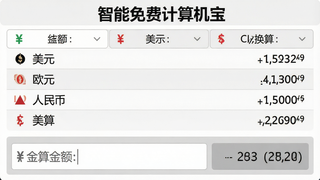 主体:智能免费计算机宝的汇率换算界面,界面展示美元、欧元、人民币等多种货币的汇率列表,并有一个输入框显示换算金额,顶部有“智能免费计算机宝”字样。布局:上下排列,上方为货币选择区,下方为金额输入和结果展示区。排版:列表式,货币名称和汇率值对齐。风格:商务简约风,以白色和灰色为主。细节:货币符号清晰,汇率数字精确到小数点后四位。画质:高清,干净,无多余元素。