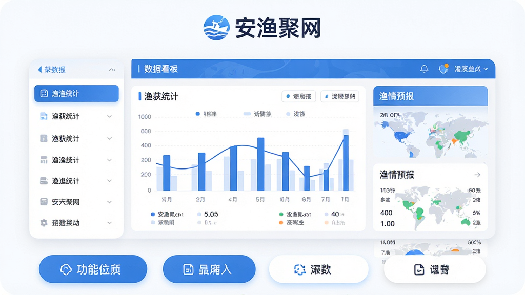 主体:安渔聚网软件主界面,展示渔获统计图表与渔情预报卡片。布局:上方为软件名称“安渔聚网”Logo,中间为数据看板,下方为功能按钮。排版:左右分栏,左侧列表,右侧详情,整体干净整洁。风格:现代扁平化设计,蓝色与白色主色调,科技感强。细节:图表清晰,数据准确,按钮圆润,图标精致。画质:高清,干净,无多余元素。
