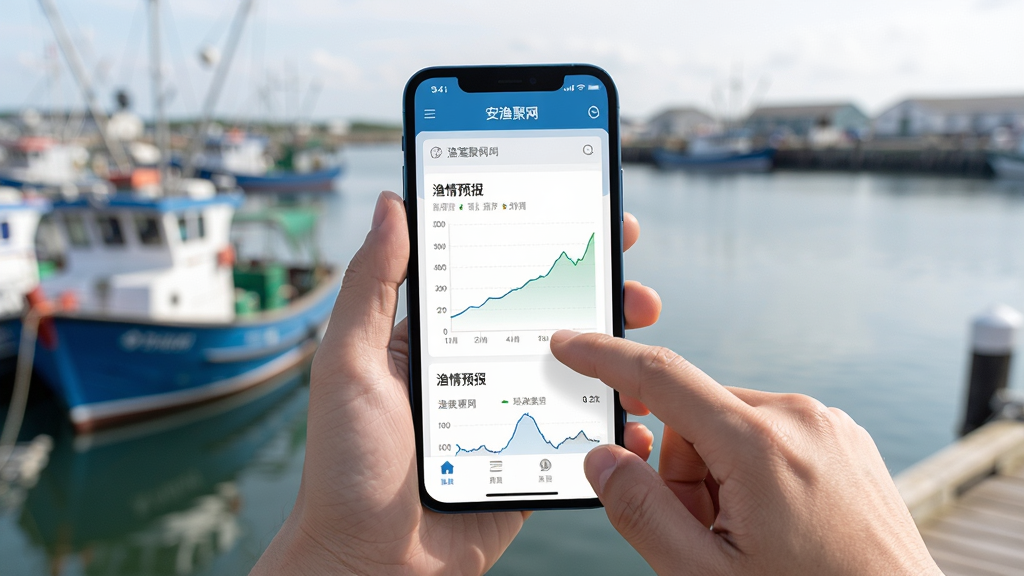 主体:用户正在手机上操作安渔聚网APP,屏幕显示渔情预报图表。布局:手机位于画面中央,背景为模糊的户外渔港景色。排版:手机屏幕细节清晰,周围留白,突出操作手势。风格:写实摄影风格,自然光,真实感强。细节:手指点击屏幕,屏幕内容可见,环境干净整洁。画质:高清,干净,无多余元素。