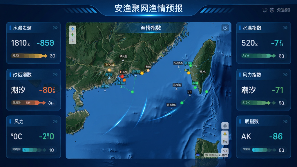 主体:安渔聚网渔情预报页面,显示地图与渔情指数。布局:地图居中,周围环绕水温、潮汐、风力等数据卡片。排版:地图占主体,数据卡片环绕排列,信息一目了然。风格:科技蓝风格,数据可视化元素丰富,动态感强。细节:地图标注钓点,指数以颜色区分,界面流畅。画质:高清,干净,无多余元素。