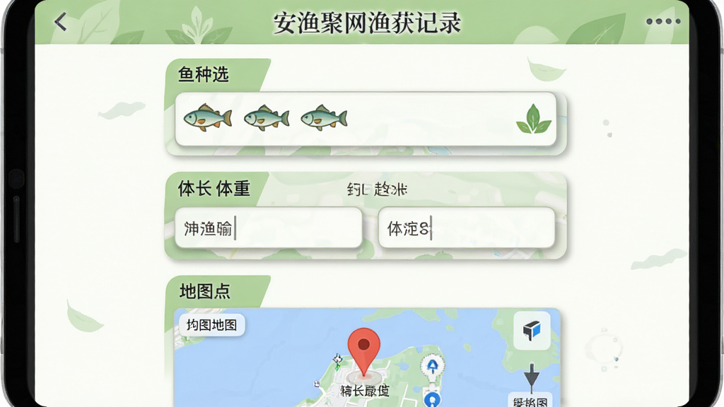 主体:安渔聚网渔获记录界面,展示一条鱼的详细信息录入表单。布局:表单上方为鱼种选择框,中间为体长体重输入栏,下方为钓点地图定位。排版:垂直排列,字段清晰,标签醒目。风格:清新自然风格,浅绿色与白色搭配,强调渔业生态。细节:鱼种图标生动,地图定位准确,输入框带阴影效果。画质:高清,干净,无多余元素。
