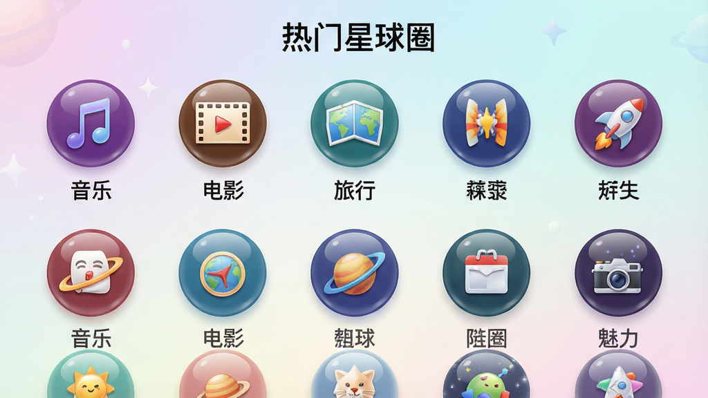 魅力星球兴趣圈子列表页面展示图,屏幕上以网格形式排列多个圆形图标,每个图标代表不同的兴趣星球(如音乐、电影、旅行等),图标下方标注中文名称。背景为柔和的渐变底色,顶部有“热门星球圈”字样,布局整齐有序,风格清新明快,细节体现图标的光泽质感,画质高清,干净无多余元素,图片中文字标注“魅力星球”。