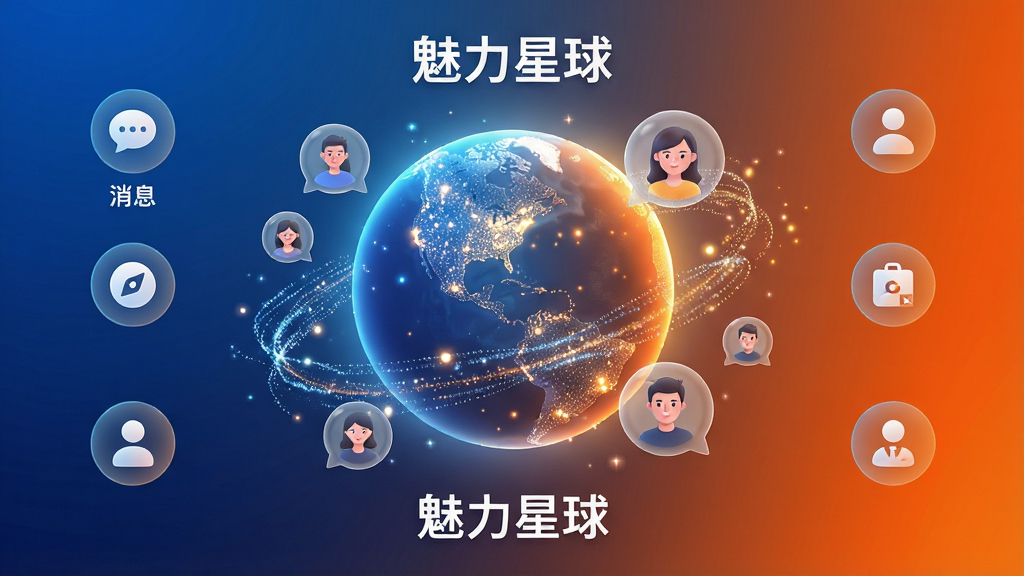 魅力星球3.0版本主视觉图,整体采用科技蓝与活力橙渐变背景,画面中央悬浮一个发光的立体星球模型,星球表面有璀璨的光点与流动的粒子特效,周围环绕着多个半透明圆形用户头像气泡,突显社交属性。布局以星球为中心,四周对称分布功能图标(如消息、发现、个人中心),排版简洁清晰,风格现代时尚,细节丰富,画质高清干净,无多余元素,图片中文字标注“魅力星球”字样。