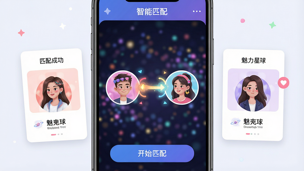 魅力星球智能匹配功能界面预览图,手机屏幕内展示两个用户头像相互吸引并连接发光的动画效果,背景为模糊的星空粒子,顶部有“智能匹配”标题栏,底部按钮显示“开始匹配”。布局以手机居中,左右两侧显示匹配成功的好友卡片,排版清爽,风格活泼,细节展现头像个性化装饰,画质高清,干净无多余元素,图片中文字标注“魅力星球”字样。