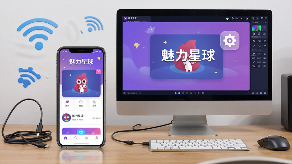 魅力星球使用教程场景图,画面展示一部手机和一台电脑并排摆放在桌面上,手机屏幕显示魅力星球主界面,电脑屏幕显示模拟器运行版本,周围有Wi-Fi图标和设置齿轮图标点缀。布局以平视角度呈现,风格写实,细节包括充电线、鼠标等配件,画质高清,干净无多余元素,图片中文字标注“魅力星球”。