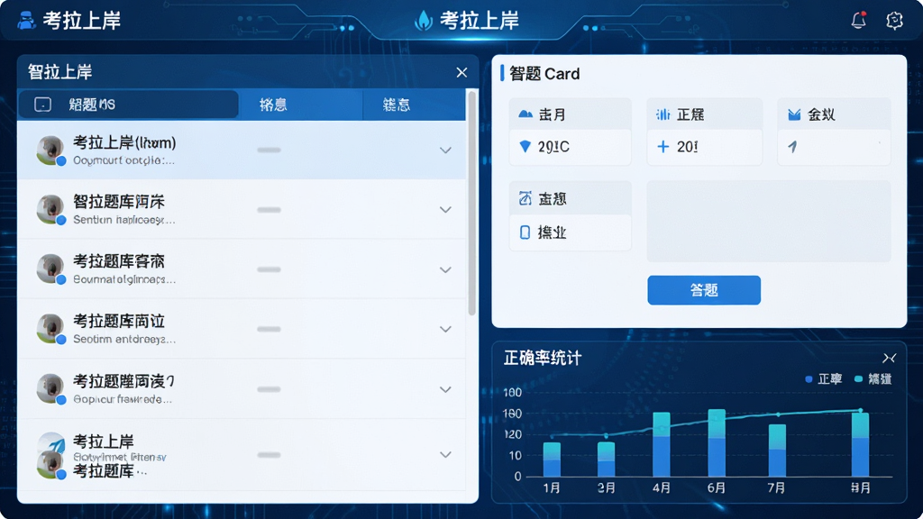 画面主体为“考拉上岸”智能题库界面截图,左侧是题目列表,右侧是答题卡,底部有正确率统计图表,整体风格科技感十足,蓝色为主色调,界面信息层级清晰,画质干净,无多余元素