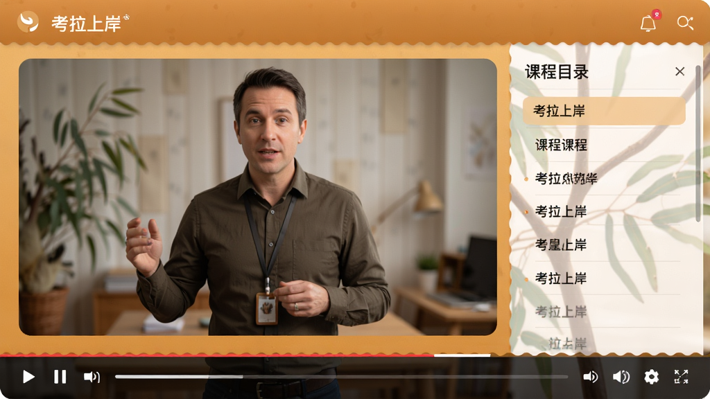 画面主体为“考拉上岸”视频课程播放页面,屏幕中央是老师讲课画面,右侧是课程目录,底部有播放控制条,界面以暖色调为主,给人专注学习的氛围,画质高清,无多余元素